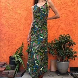 Authentic 70s Handmade Green Paisley Maxi Halter Dress